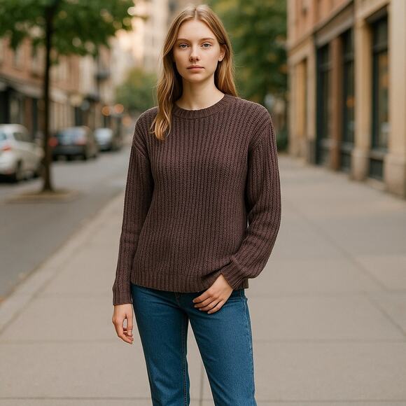 Ashley By 26 International Brown Ribbed Crew Neck Sweater - Picture 1 of 8